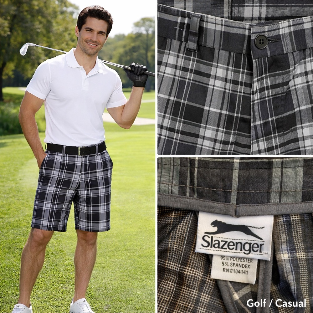 Slazenger Men’s Plaid Golf Shorts Size 34 Black White Stretch Flat Front Casual